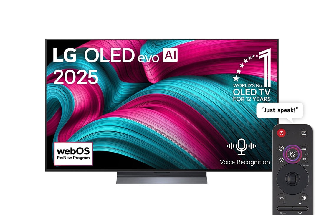 LG 55 inch LG OLED evo AI C5 4K 144Hz Smart TV AI Magic remote webOS25 2025 , Front view of LG OLED evo AI C5 4K Smart TV. 12 Years of world number 1 OLED emblem and LG OLED evo AI 2025 logo are on the screen., OLED55C56LA