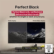 LG 55 inch LG OLED evo AI C5 4K 144Hz Smart TV AI Magic remote webOS25 2025 , Living room space with a wall-mounted LG OLED TV. On the TV is a mountain range against a dark evening sky filled with stars. This scene is split in half to show how Perfect Black delivers true black , OLED55C56LA, thumbnail 7