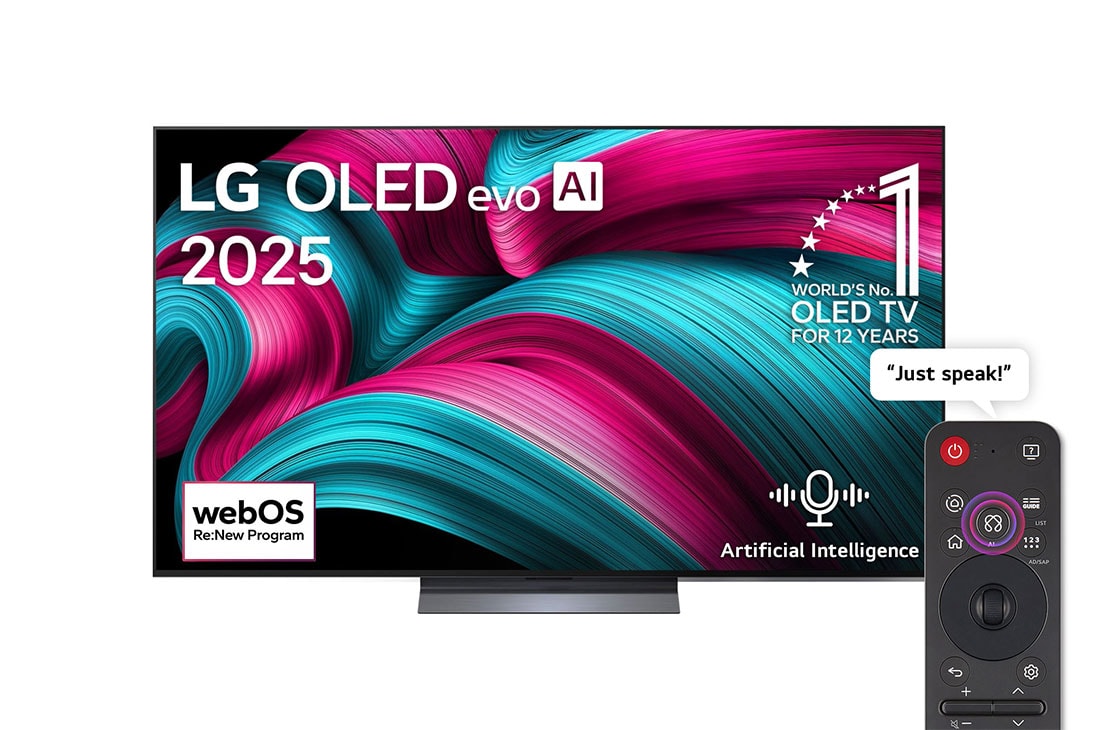 LG 65 inch LG OLED evo AI C5 4K 144Hz Smart TV AI Magic remote webOS25 2025 , Front view of LG OLED evo AI C5 4K Smart TV. 12 Years of world number 1 OLED emblem and LG OLED evo AI 2025 logo are on the screen., OLED65C56LA