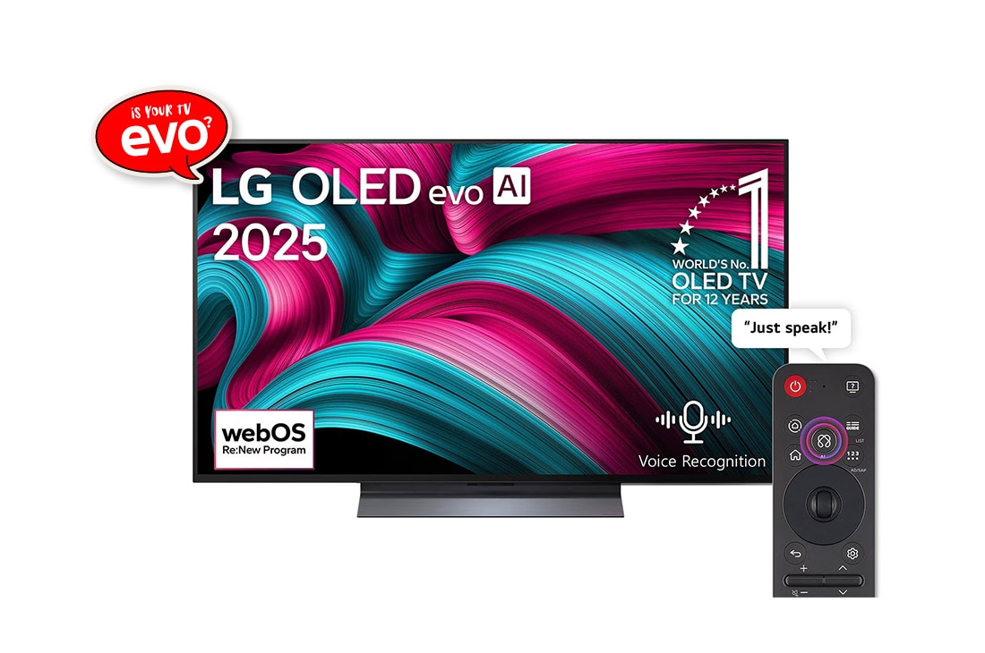 LG 65 inch LG OLED evo AI C5 4K 144Hz Smart TV AI Magic remote webOS25 2025 , Front view of LG OLED evo AI C5 4K Smart TV. 12 Years of world number 1 OLED emblem and LG OLED evo AI 2025 logo are on the screen., OLED65C56LA