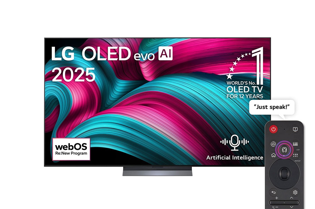 LG 77 inch LG OLED evo AI C5 4K 144Hz Smart TV AI Magic remote webOS25 2025, Front view of LG OLED evo AI C5 4K Smart TV. 12 Years of world number 1 OLED emblem and LG OLED evo AI 2025 logo are on the screen., OLED77C56LA