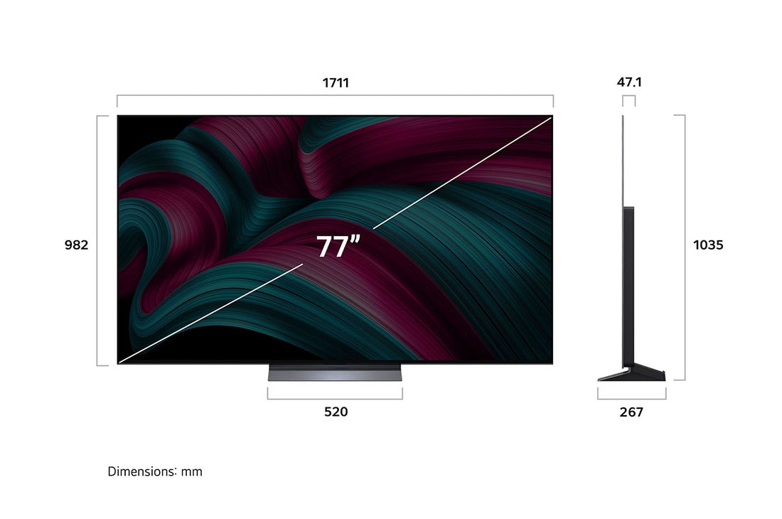 LG 77 inch LG OLED evo AI C5 4K 144Hz Smart TV AI Magic remote webOS25 2025, Front view and side view of LG OLED evo AI C5 4K Smart TV showing its length, width, height, and depth dimensions., OLED77C56LA, thumbnail 4
