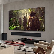 LG 97 inch LG OLED evo AI G5 4K 120Hz Smart TV AI Magic remote webOS25 2025 , Wide view of a living room inside a premium home, an LG OLED TV is mounted on the wall. The TV's Ultra Slim Design blends elegantly with the wall and the interior design., OLED97G56LA, thumbnail 14