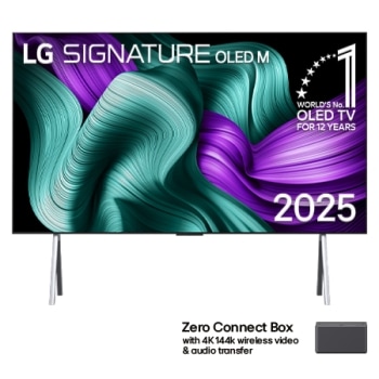 Front view of LG OLED M5 Signature TV. 12 Years of world number 1 OLED emblem and LG Signature OLED M logo are on the screen. Zero Connect Box in the corner with the title, Zero Connect Box with 4K 141