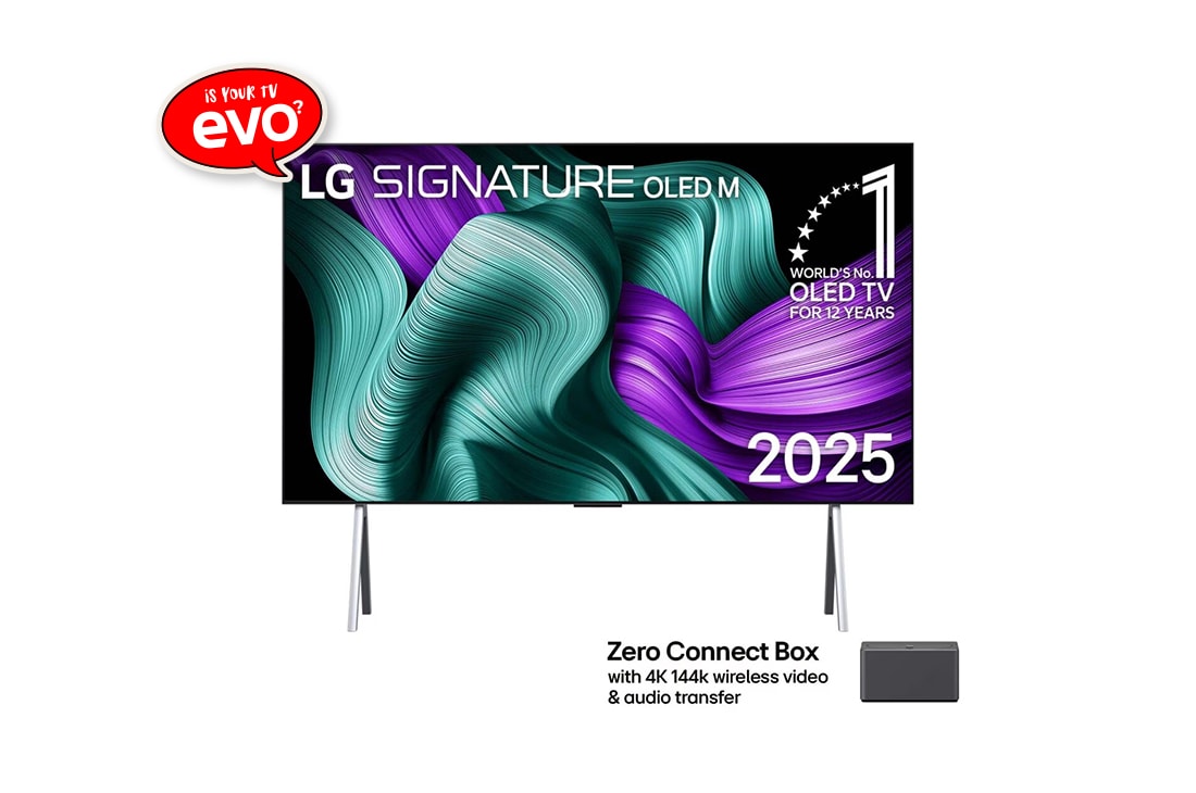 LG World’s first True Wireless TV 97 inch LG OLED evo AI M5 with 4K 120Hz Video & Audio Transfer 2025 , Front view of LG OLED M5 Signature TV. 12 Years of world number 1 OLED emblem and LG Signature OLED M logo are on the screen. Zero Connect Box in the corner with the title, Zero Connect Box with 4K 14, OLED97M56LA