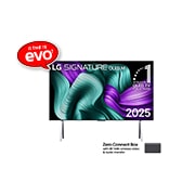 LG World’s first True Wireless TV 97 inch LG OLED evo AI M5 with 4K 120Hz Video & Audio Transfer 2025 , Front view of LG OLED M5 Signature TV. 12 Years of world number 1 OLED emblem and LG Signature OLED M logo are on the screen. Zero Connect Box in the corner with the title, Zero Connect Box with 4K 14, OLED97M56LA, thumbnail 1