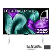 LG World’s first True Wireless TV 97 inch LG OLED evo AI M5 with 4K 120Hz Video & Audio Transfer 2025 , Front view of LG OLED M5 Signature TV. 12 Years of world number 1 OLED emblem and LG Signature OLED M logo are on the screen. Zero Connect Box in the corner with the title, Zero Connect Box with 4K 14, OLED97M56LA, thumbnail 1