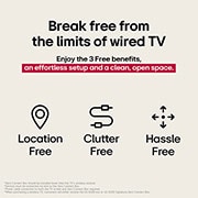 LG World’s first True Wireless TV 97 inch LG OLED evo AI M5 with 4K 120Hz Video & Audio Transfer 2025 , Three icons that represent the 3 Free benefits from LG True Wireless TV. Location-free, clutter-free, hassle-free. Text talks about breaking free from the limits of wired TV and enjoying an effortless, OLED97M56LA, thumbnail 6