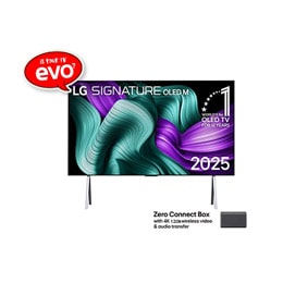 Front view of LG OLED M5 Signature TV. 12 Years of world number 1 OLED emblem and LG Signature OLED M logo are on the screen. Zero Connect Box in the corner with the title, Zero Connect Box with 4K 142