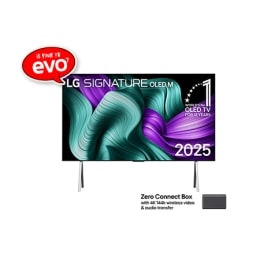 Front view of LG OLED M5 Signature TV. 12 Years of world number 1 OLED emblem and LG Signature OLED M logo are on the screen. Zero Connect Box in the corner with the title, Zero Connect Box with 4K 142