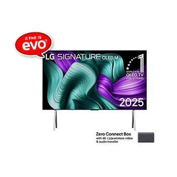 Front view of LG OLED M5 Signature TV. 12 Years of world number 1 OLED emblem and LG Signature OLED M logo are on the screen. Zero Connect Box in the corner with the title, Zero Connect Box with 4K 141
