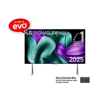 Front view of LG OLED M5 Signature TV. 12 Years of world number 1 OLED emblem and LG Signature OLED M logo are on the screen. Zero Connect Box in the corner with the title, Zero Connect Box with 4K 141