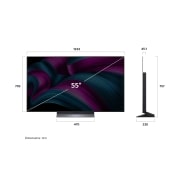 LG 55 Inch LG OLED evo AI CS5 4K 120Hz Smart TV with AI Magic Remote & AI Picture Pro (2025), Front view and side view of LG OLED evo AI CS5 4K Smart TV showing its length, width, height, and depth dimensions., OLED55CS5VA, thumbnail 4