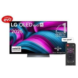Front view of LG OLED evo AI CS5 4K Smart TV. 12 Years of world number 1 OLED emblem and LG OLED evo AI 2025 logo are on the screen.2