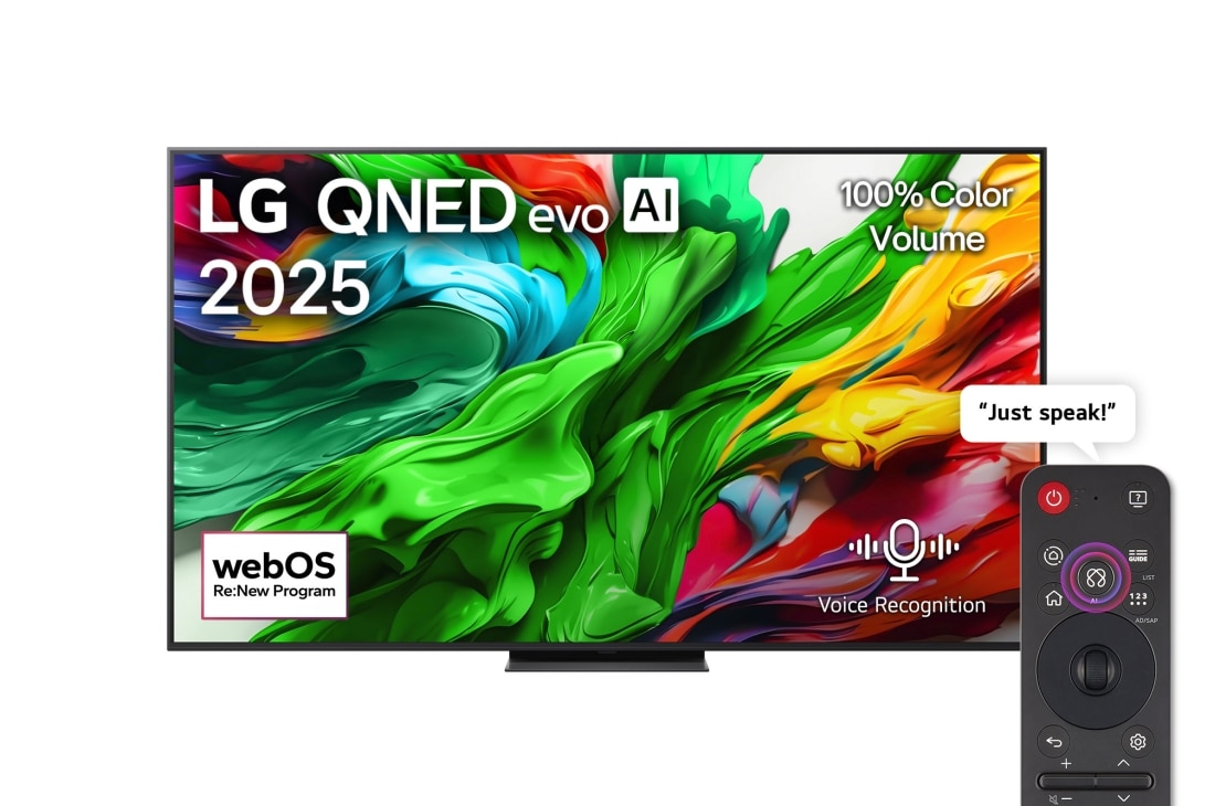 LG 75 inch LG QNED evo AI QNED86 4K 120Hz Smart TV AI Magic remote webOS25 2025 , Front view of LG QNED evo QNED92 TV, LG QNED evo Al Logo on the top corner. LG QNED evo QNED92 TV TV depicts colorful paintike textures coming together., 75QNED86A6A
