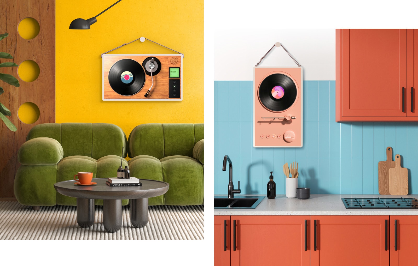Different living spaces with LG StanbyME 2 screens on the wall. A music turntable artwork is displayed on each screen.