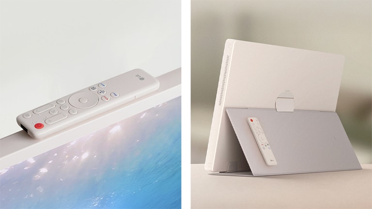 Two images of StanbyME 2. One is of the magnetic remote attached to the topside of the device. Another is the magnetic remote attached to the back of the device.