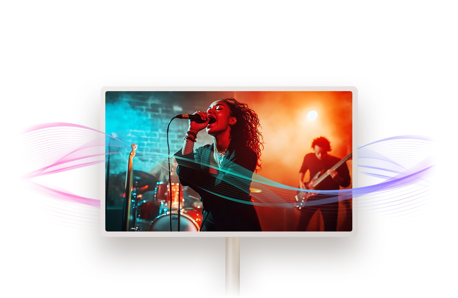 Vocalist singing into a microphone with soundwaves visualized across.