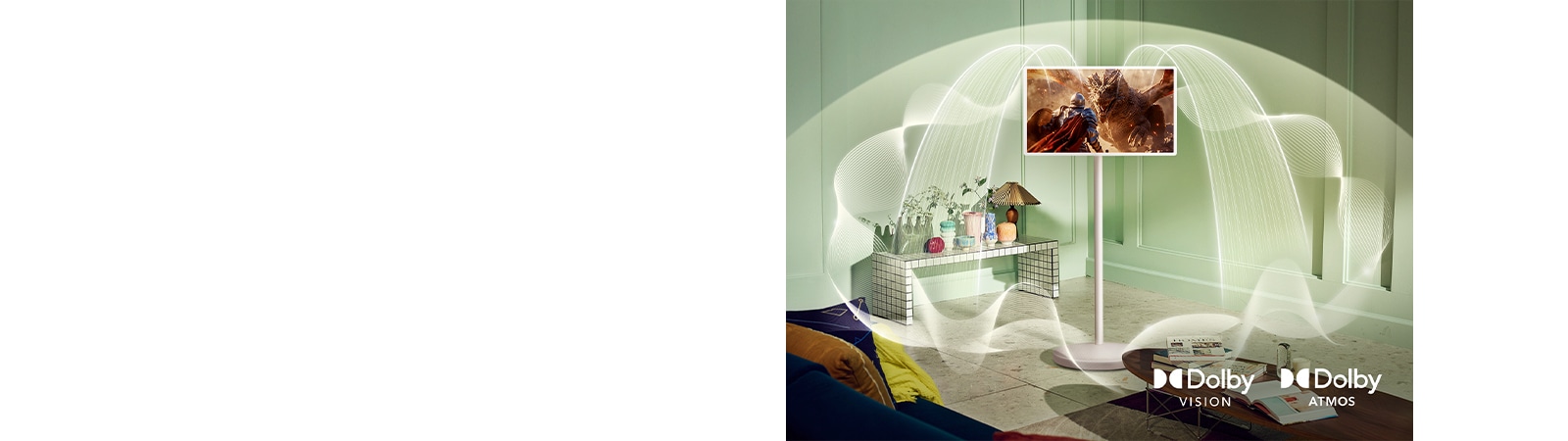 Soundwaves emanating from StanbyME 2 with Dolby Vision and Dolby Atmos logos displayed.