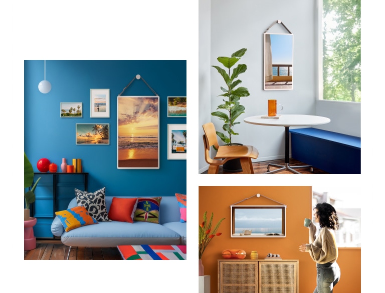 Different living spaces with LG StanbyME 2 screens on the wall. Landscape photos are displayed on the screens.