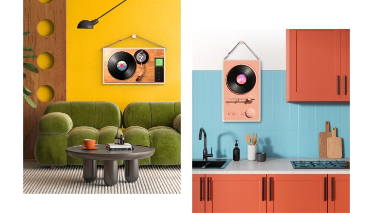 Different living spaces with LG StanbyME 2 screens on the wall. A music turntable artwork is displayed on each screen.
