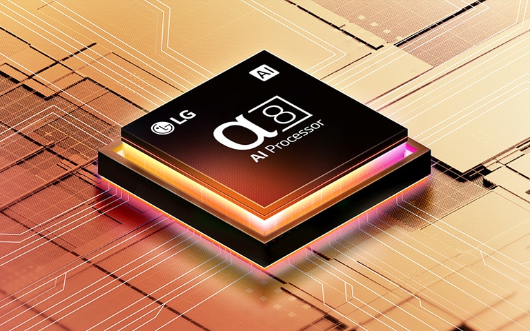 alpha 8 AI Processor chip visible with LG logo on an orange-lit mechanical plate.