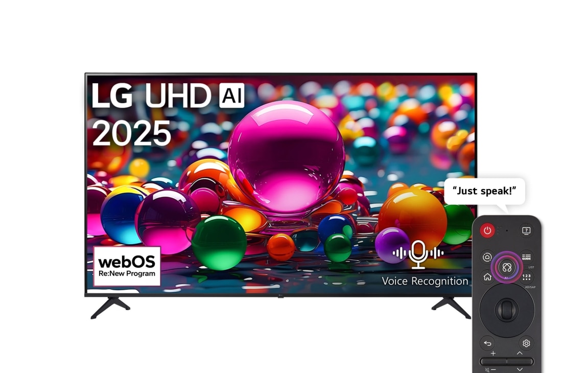 LG 43 inch LG UHD AI UA84 4K Smart TV AI Magic Remote Ready HDR10 webOS25 2025, Front view of UHD UA75 TV, LG UHD Al Logo on the top corner. LG UHD TV depicts colorful paintike textures coming together., 43UA8450PSA