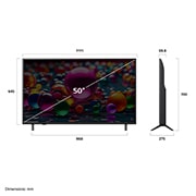 LG 50 inch LG UHD AI UA84 4K Smart TV AI Magic Remote Ready HDR10 webOS25 2025, Front view and side view of LG UHD AI  UA84 4K Smart TV showing its length, width, height, and depth dimensions., 50UA8450PSA, thumbnail 4