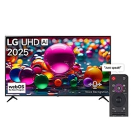 Front view of UHD UA84 TV, LG UHD Al Logo on the top corner. LG UHD TV depicts colorful paintike textures coming together.2