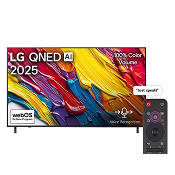 Front view of LG QNED82 TV, LG QNED Al Logo on the top corner. LG QNED TV depicts colorful paintike textures coming together.1