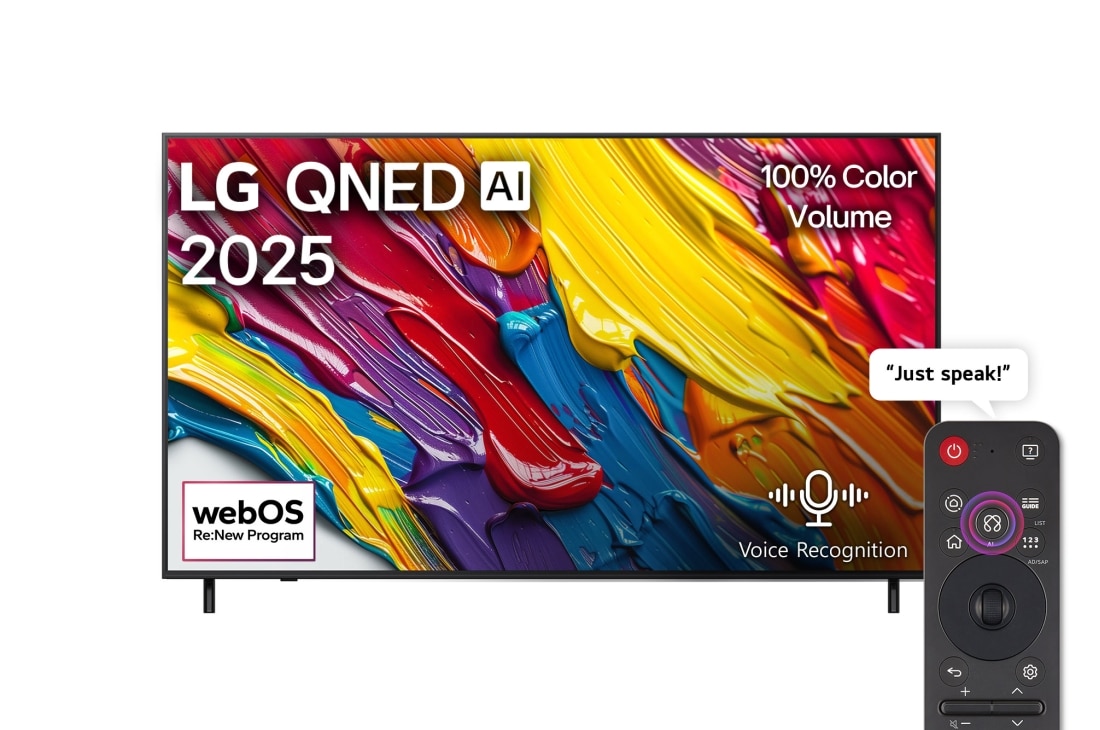 LG 75 inch LG QNED AI QNED82 4K Smart TV AI Magic remote HDR10 webOS25 2025 , Front view of LG QNED82 TV, LG QNED Al Logo on the top corner. LG QNED TV depicts colorful paintike textures coming together., 75QNED82ASA