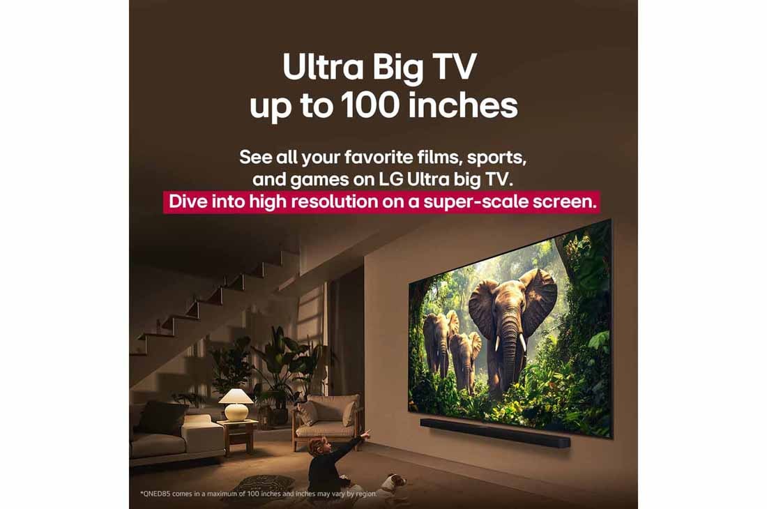 LG 75 Inch LG QNED evo AI QNED86 MiniLED 4K Smart TV 2025, A girl and a dog are seated in front of a LG QNED TV mounted on a wall depicting three elephants walking outwards above a LG Soundbar. The title talks about how every action is more thrilling on a mas, 75QNED86ASA, thumbnail 9
