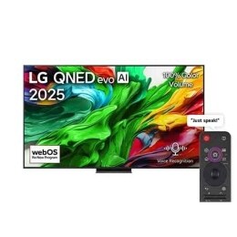 Front view of LG QNED evo QNED86 TV, LG QNED evo Al Logo on the top corner. LG QNED evo QNED92 TV TV depicts colorful paintike textures coming together.2