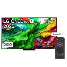 Front view of LG QNED evo QNED86 TV, LG QNED evo Al Logo on the top corner. LG QNED evo QNED92 TV TV depicts colorful paintike textures coming together.2