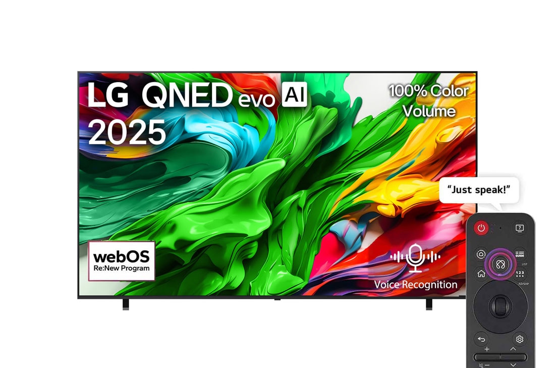 LG 100 Inch LG QNED evo AI QNED86 MiniLED 4K Smart TV 2025, Front view of LG QNED evo QNED86 TV, LG QNED evo Al Logo on the top corner. LG QNED evo QNED92 TV TV depicts colorful paintike textures coming together., 100QNED86AS