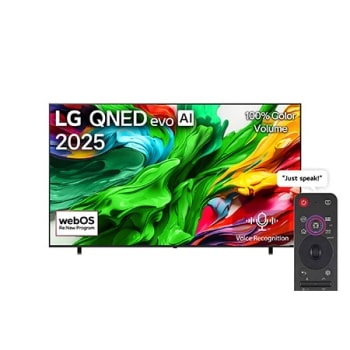 Front view of LG QNED evo QNED86 TV, LG QNED evo Al Logo on the top corner. LG QNED evo QNED92 TV TV depicts colorful paintike textures coming together.1