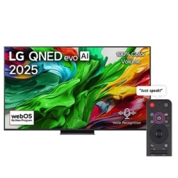 Front view of LG QNED evo QNED86 TV, LG QNED evo Al Logo on the top corner. LG QNED evo QNED92 TV TV depicts colorful paintike textures coming together.1