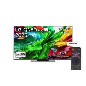 Front view of LG QNED evo QNED86 TV, LG QNED evo Al Logo on the top corner. LG QNED evo QNED92 TV TV depicts colorful paintike textures coming together.1