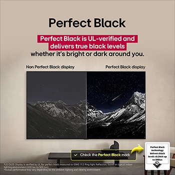 LG 65 inch LG OLED evo AI C5 4K 144Hz Smart TV AI Magic remote webOS25 2025 , Living room space with a wall-mounted LG OLED TV. On the TV is a mountain range against a dark evening sky filled with stars. This scene is split in half to show how Perfect Black delivers true black , OLED65C5PSA, thumbnail 7