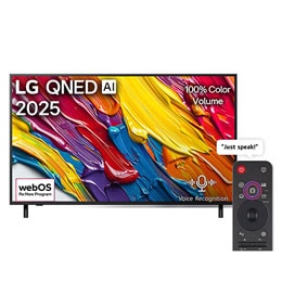 Front view of LG QNED82 TV, LG QNED Al Logo on the top corner. LG QNED TV depicts colorful paintike textures coming together.2