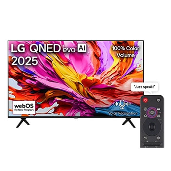 Front view of LG QNED evo qned91 TV, LG QNED evo Al Logo on the top corner. LG QNED evo qned91 TV TV depicts colorful paintike textures coming together.1