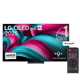 Front view of LG OLED evo AI C5 4K Smart TV. 12 Years of world number 1 OLED emblem and LG OLED evo AI 2025 logo are on the screen.2