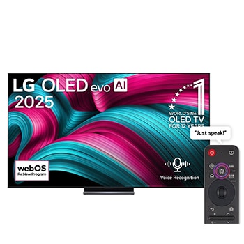 Front view of LG OLED evo AI C5 4K Smart TV. 12 Years of world number 1 OLED emblem and LG OLED evo AI 2025 logo are on the screen.1