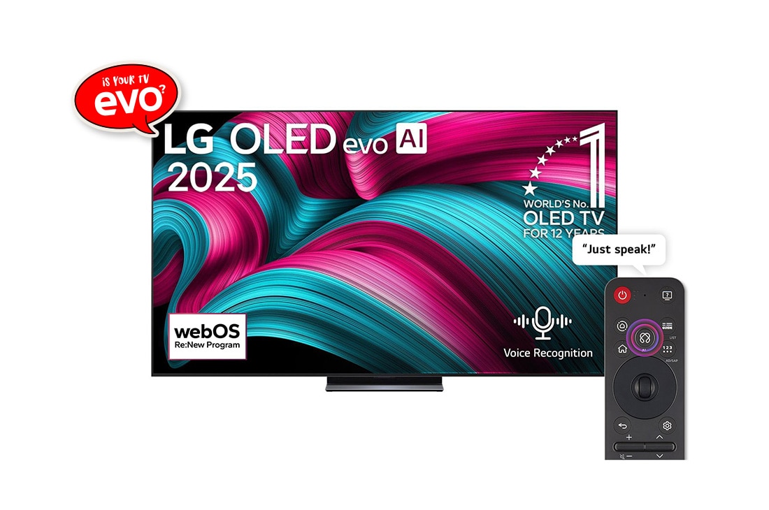LG 83 inch LG OLED evo AI C5 4K 144Hz Smart TV AI Magic remote webOS25 2025 , Front view of LG OLED evo AI C5 4K Smart TV. 12 Years of world number 1 OLED emblem and LG OLED evo AI 2025 logo are on the screen., OLED83C5PSA