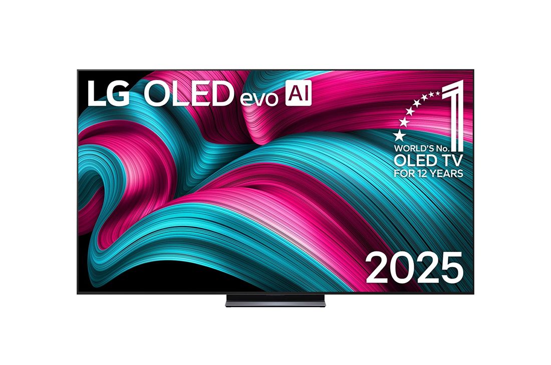 LG 83 inch LG OLED evo AI C5 4K 144Hz Smart TV AI Magic remote webOS25 2025 , Front view of LG OLED evo AI C5 4K Smart TV. 12 Years of world number 1 OLED emblem and LG OLED evo AI 2025 logo are on the screen., OLED83C5PSA