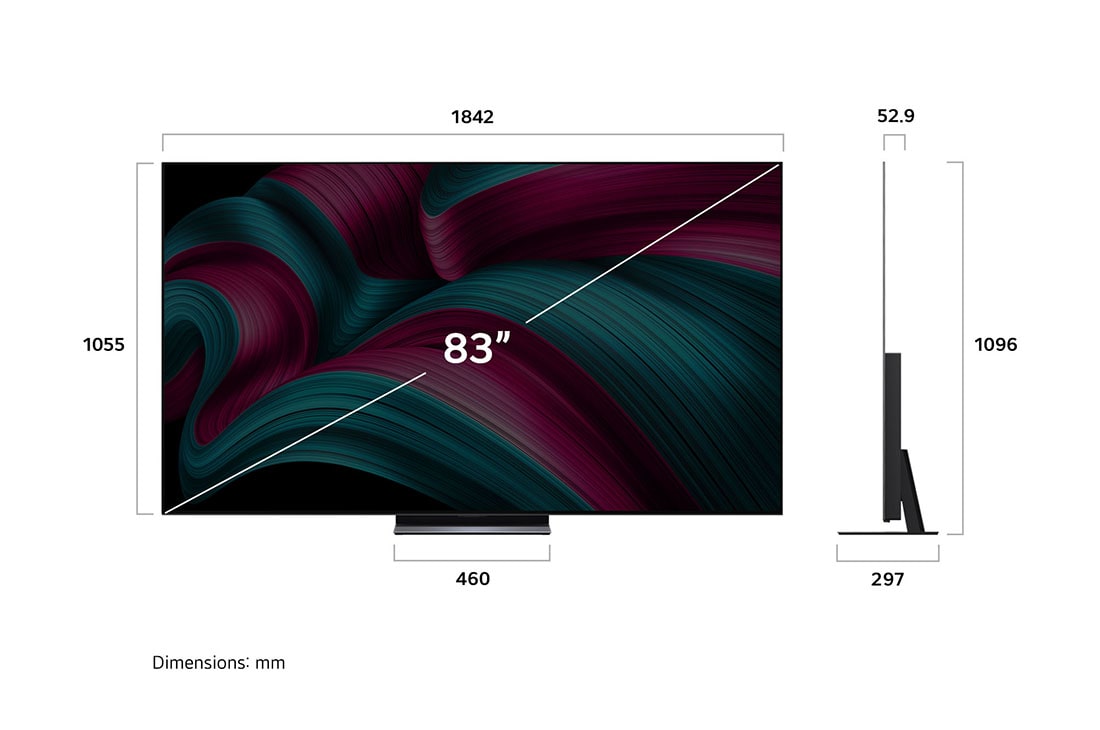 LG 83 inch LG OLED evo AI C5 4K 144Hz Smart TV AI Magic remote webOS25 2025 , Front view and side view of LG OLED evo AI C5 4K Smart TV showing its length, width, height, and depth dimensions., OLED83C5PSA, thumbnail 4