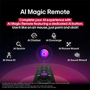 LG 83 inch LG OLED evo AI C5 4K 144Hz Smart TV AI Magic remote webOS25 2025 , LG AI Magic Remote with the AI button highlighted. Around it are the different functionalities that a user can access from the button. AI Voice ID, AI Search, AI Chatbot, AI Concierge, AI Picture Wiza, OLED83C5PSA, thumbnail 11