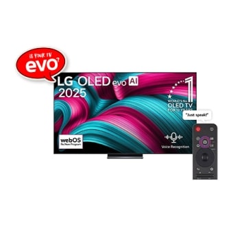 Front view of LG OLED evo AI C5 4K Smart TV. 12 Years of world number 1 OLED emblem and LG OLED evo AI 2025 logo are on the screen.1
