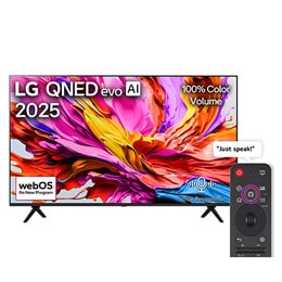 Front view of LG QNED evo qned91 TV, LG QNED evo Al Logo on the top corner. LG QNED evo qned91 TV TV depicts colorful paintike textures coming together.