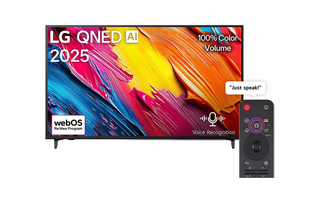 LG 55 inch LG QNED AI QNED70 4K Smart TV AI Magic remote HDR10 webOS25 2025 , Front view of LG QNED70 TV, LG QNED Al Logo on the top corner. LG QNED TV depicts colorful paintike textures coming together., 55QNED70A6A